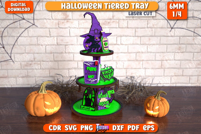 Halloween Tiered Tray Laser Cut | Round Stand with Elements | Witch | Dessert Tiered Tray | CNC File SVG The T Store Design 