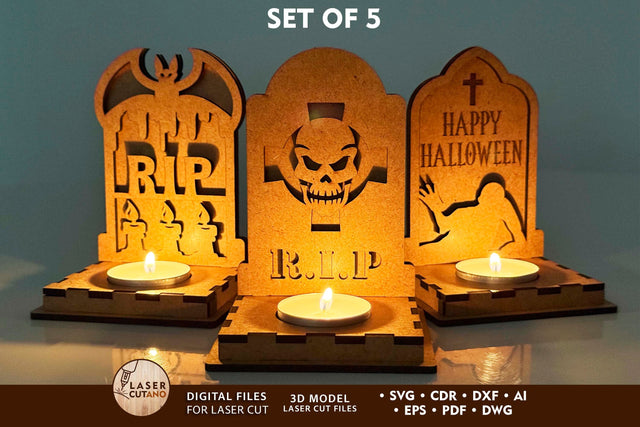 Halloween Tombstone Candle Holders SVG | Laser Cut Tea Light Lanterns | Set of 5 Graveyard Candle Boxes SVG LaserCutano 