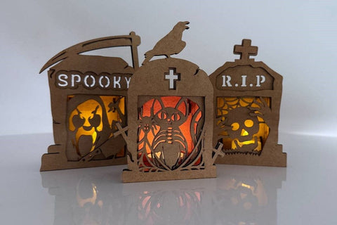 Halloween Tombstone Candle Holders SVG - Spooky Lantern Laser Cut Files - Set of 5 Graveyard Tea Light Holders SVG LaserCutano 