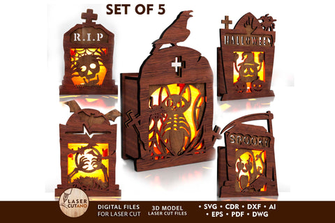 Halloween Tombstone Candle Holders SVG - Spooky Lantern Laser Cut Files - Set of 5 Graveyard Tea Light Holders SVG LaserCutano 