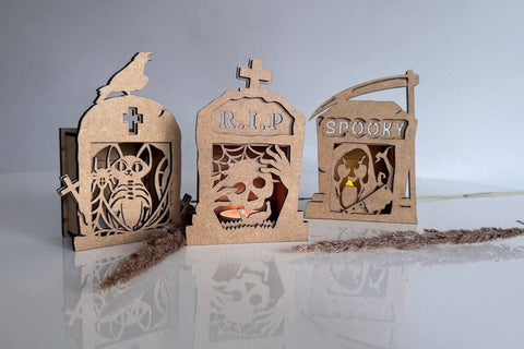 Halloween Tombstone Candle Holders SVG - Spooky Lantern Laser Cut Files - Set of 5 Graveyard Tea Light Holders SVG LaserCutano 