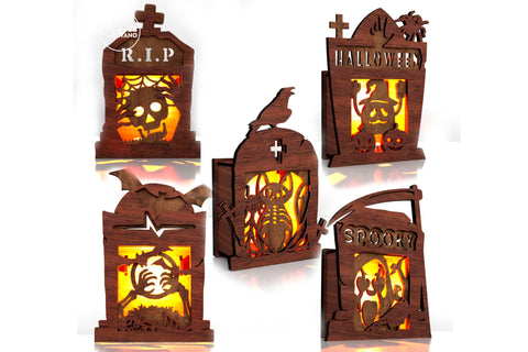 Halloween Tombstone Candle Holders SVG - Spooky Lantern Laser Cut Files - Set of 5 Graveyard Tea Light Holders SVG LaserCutano 