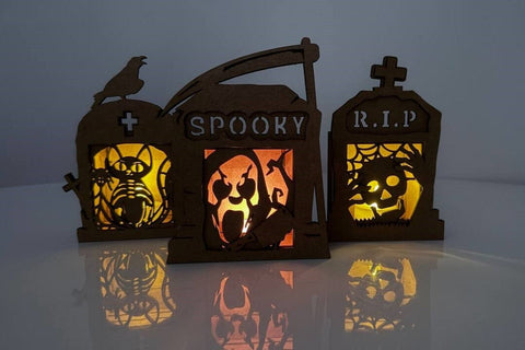 Halloween Tombstone Candle Holders SVG - Spooky Lantern Laser Cut Files - Set of 5 Graveyard Tea Light Holders SVG LaserCutano 