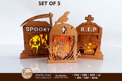 Halloween Tombstone Candle Holders SVG - Spooky Lantern Laser Cut Files - Set of 5 Graveyard Tea Light Holders SVG LaserCutano 