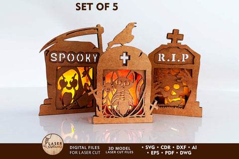 Halloween Tombstone Candle Holders SVG - Spooky Lantern Laser Cut Files - Set of 5 Graveyard Tea Light Holders SVG LaserCutano 
