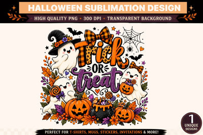 Halloween Trick or Treat PNG Sublimation Design, Cute Ghosts with Witch Hat, Jack O Lantern Pumpkins, Candy Cauldron, Orange Purple Plaid Bows, Spooky Halloween Clipart Sublimation BlackCatsMedia 