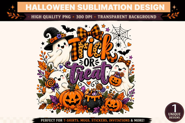 Halloween Trick or Treat PNG Sublimation Design, Cute Ghosts with Witch Hat, Jack O Lantern Pumpkins, Candy Cauldron, Orange Purple Plaid Bows, Spooky Halloween Clipart Sublimation BlackCatsMedia 