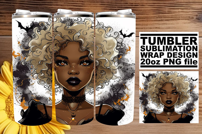 Halloween Tumbler Wrap 20oz Watercolor Gothic Afro Design Sublimation afrosvg 