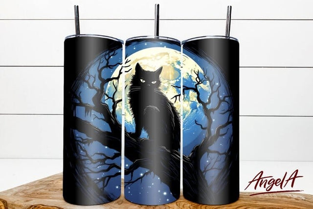Halloween tumbler wrap / black cat sitting silhouette / moon Sublimation Angelina Semenova 