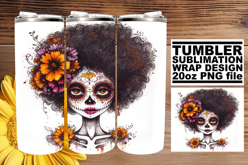 Halloween Watercolor Muerta Tumbler – 20oz Wrap Design Sublimation afrosvg 