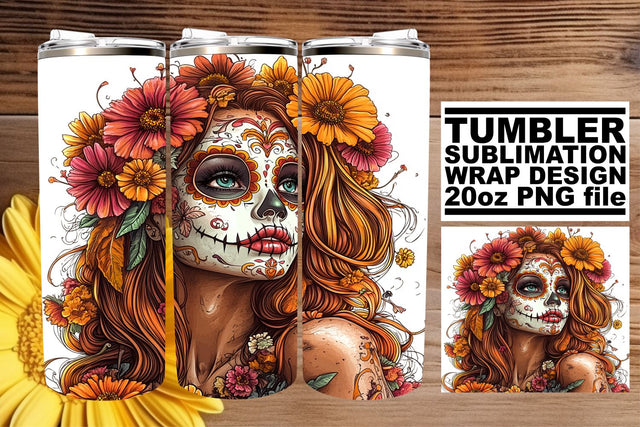 Halloween Watercolor Sugar Skull – 20oz Tumbler Wrap Sublimation afrosvg 