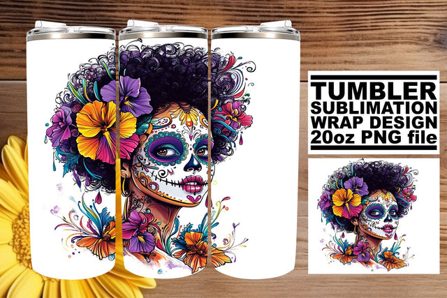 Halloween Watercolor Sugar Skull Wrap – 20oz Tumbler Art Sublimation afrosvg 