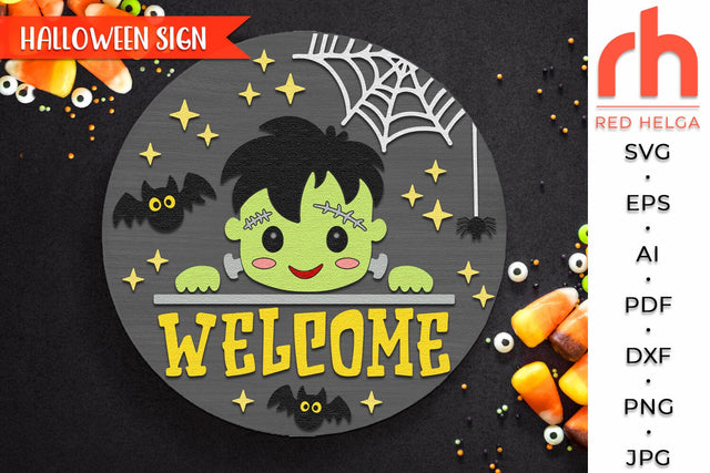 Halloween Welcome Door Sign SVG, Cute Frankenstein Cut File SVG RedHelgaArt 