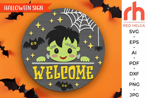 Halloween Welcome Door Sign SVG, Cute Frankenstein Cut File SVG RedHelgaArt 