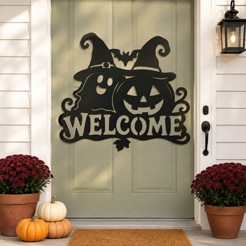 Halloween Welcome Sign Laser SVG | Ghost & Pumpkin SVG | Witch Hat Dxf | Halloween Metal Art | CNC Plasma Cut File | Porch Decor SVG HappyDesignStudio 