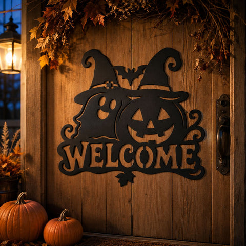 Halloween Welcome Sign Laser SVG | Ghost & Pumpkin SVG | Witch Hat Dxf | Halloween Metal Art | CNC Plasma Cut File | Porch Decor SVG HappyDesignStudio 