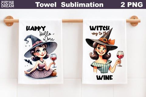 Halloween Wine Towel | Witch Kitchen Towel Sublimation WatercolorColorDream 