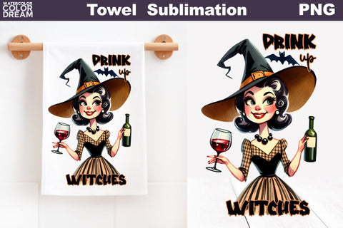 Halloween Wine Towel | Witch Kitchen Towel Sublimation WatercolorColorDream 