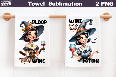 Halloween Wine Towel | Witch Kitchen Towel Sublimation WatercolorColorDream 