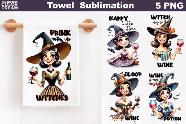Halloween Wine Towel | Witch Kitchen Towel Sublimation WatercolorColorDream 