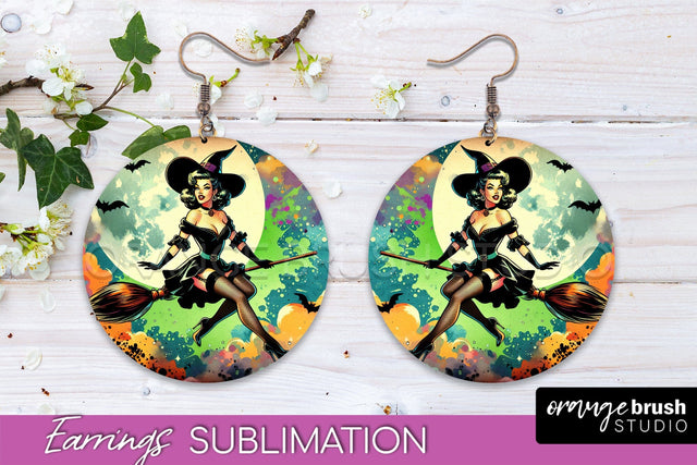 Halloween Witch Earrings PNG - Retro Earrings Sublimation Sublimation OrangeBrushStudio 