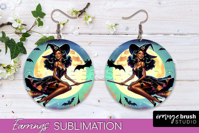 Halloween Witch Earrings PNG - Retro Earrings Sublimation Sublimation OrangeBrushStudio 