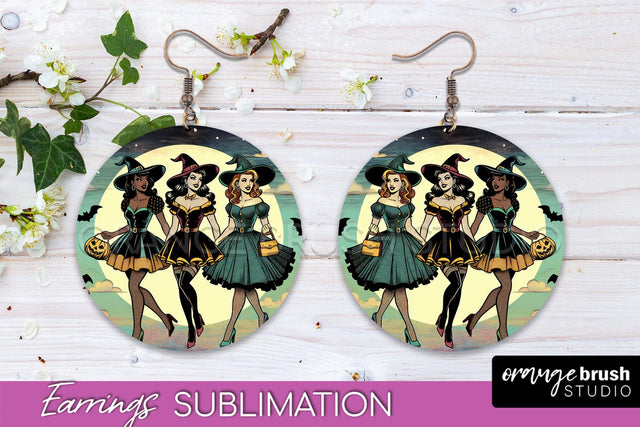 Halloween Witch Earrings PNG - Retro Earrings Sublimation Sublimation OrangeBrushStudio 