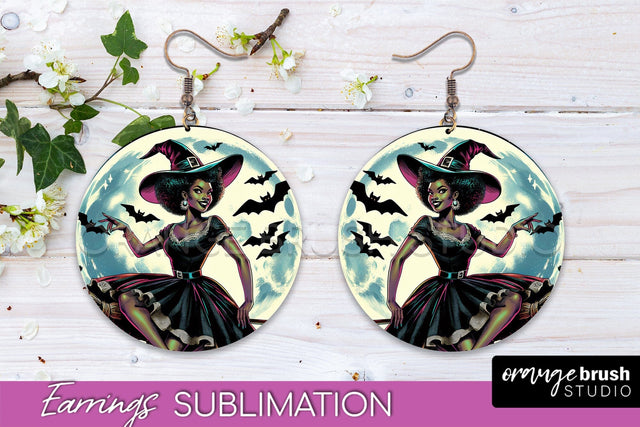 Halloween Witch Earrings PNG - Retro Earrings Sublimation Sublimation OrangeBrushStudio 