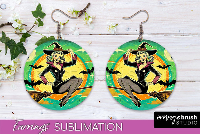 Halloween Witch Earrings PNG - Retro Earrings Sublimation Sublimation OrangeBrushStudio 