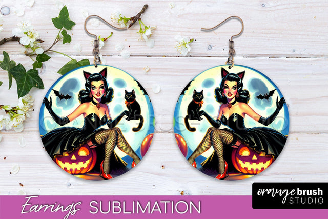 Halloween Witch Earrings PNG - Retro Earrings Sublimation Sublimation OrangeBrushStudio 