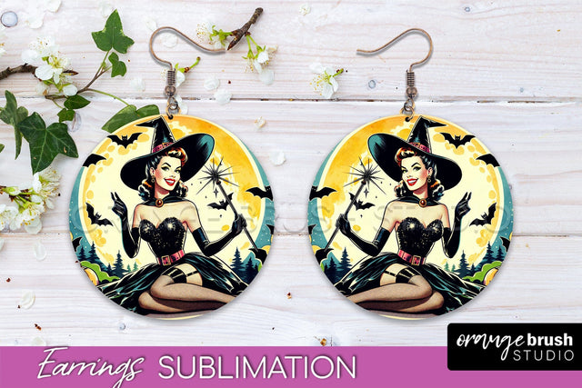 Halloween Witch Earrings PNG - Retro Earrings Sublimation Sublimation OrangeBrushStudio 