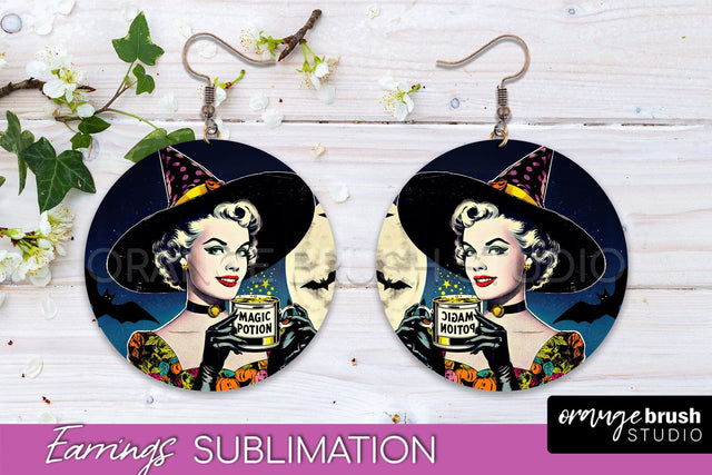Halloween Witch Earrings PNG - Retro Earrings Sublimation Sublimation OrangeBrushStudio 