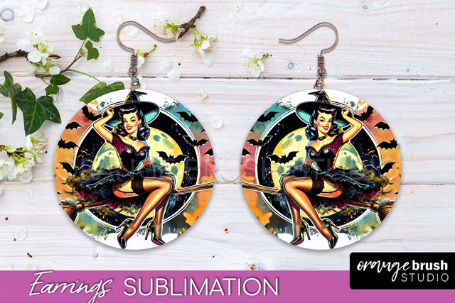 Halloween Witch Earrings PNG - Retro Earrings Sublimation Sublimation OrangeBrushStudio 