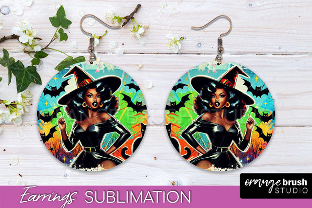 Halloween Witch Earrings PNG - Retro Earrings Sublimation Sublimation OrangeBrushStudio 