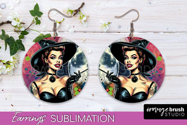 Halloween Witch Earrings PNG - Retro Earrings Sublimation Sublimation OrangeBrushStudio 