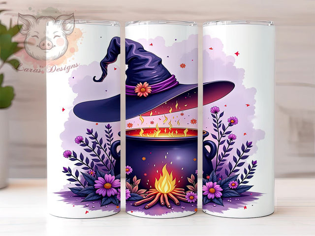 Halloween Witch Hat 20 oz Skinny Tumbler Sublimation Design, Straight & Tapered Tumbler Png, Purple Flowers Tumbler Png, Digital Download PNG Sublimation Lara' s Designs 
