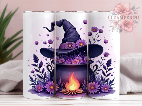 Halloween Witch Hat 20 oz Skinny Tumbler Sublimation Design, Straight & Tapered Tumbler Png, Purple Flowers Tumbler Png, Digital Download PNG Sublimation Li Zamperini 