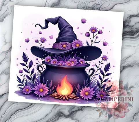 Halloween Witch Hat 20 oz Skinny Tumbler Sublimation Design, Straight & Tapered Tumbler Png, Purple Flowers Tumbler Png, Digital Download PNG Sublimation Li Zamperini 