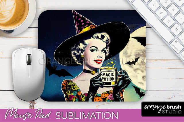 Halloween Witch Mouse Pad - Retro Mousepad Sublimation PNG Sublimation OrangeBrushStudio 