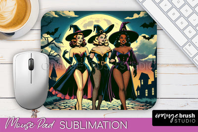 Halloween Witch Mouse Pad - Retro Mousepad Sublimation PNG Sublimation OrangeBrushStudio 