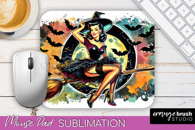 Halloween Witch Mouse Pad - Retro Mousepad Sublimation PNG Sublimation OrangeBrushStudio 