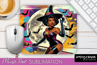 Halloween Witch Mouse Pad - Retro Mousepad Sublimation PNG Sublimation OrangeBrushStudio 