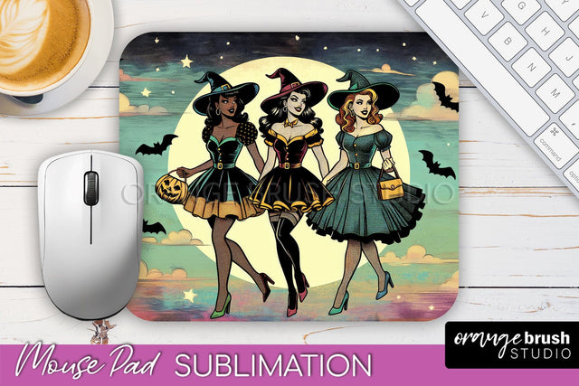 Halloween Witch Mouse Pad - Retro Mousepad Sublimation PNG Sublimation OrangeBrushStudio 