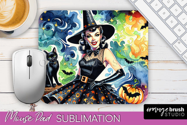 Halloween Witch Mouse Pad - Retro Mousepad Sublimation PNG Sublimation OrangeBrushStudio 