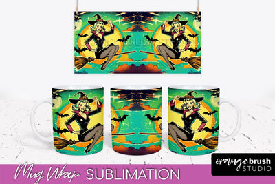 Halloween Witch Mug Wrap - Retro Halloween Mug Sublimation Sublimation OrangeBrushStudio 