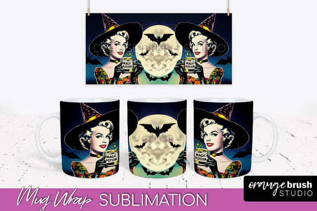 Halloween Witch Mug Wrap - Retro Halloween Mug Sublimation Sublimation OrangeBrushStudio 