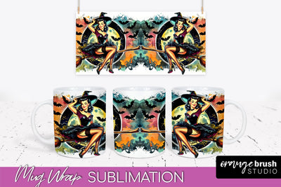 Halloween Witch Mug Wrap - Retro Halloween Mug Sublimation Sublimation OrangeBrushStudio 