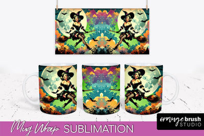 Halloween Witch Mug Wrap - Retro Halloween Mug Sublimation Sublimation OrangeBrushStudio 