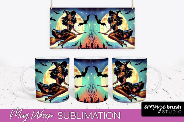 Halloween Witch Mug Wrap - Retro Halloween Mug Sublimation Sublimation OrangeBrushStudio 