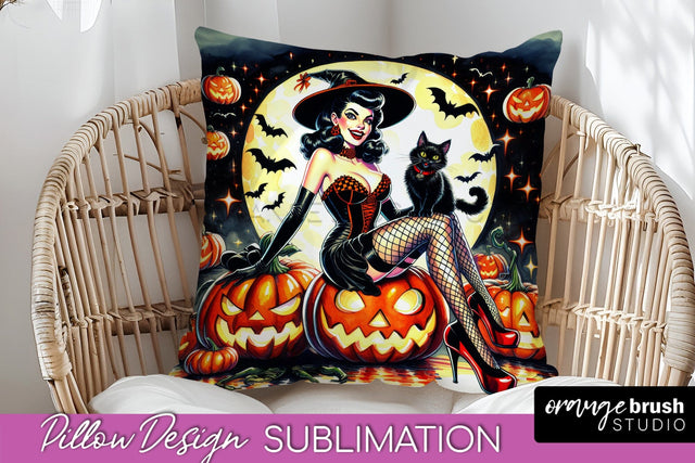 Halloween Witch Pillow Cover - Retro Pillow Sublimation PNG Sublimation OrangeBrushStudio 